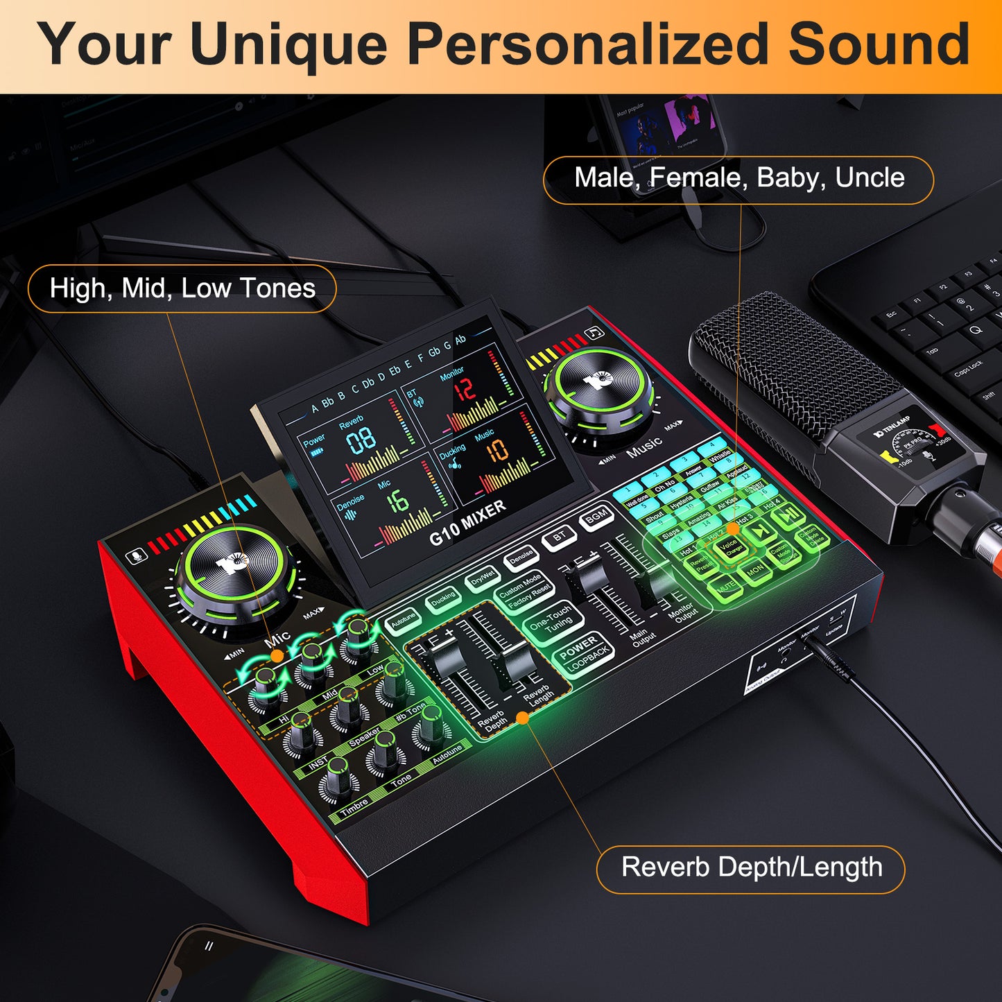 TENLAMP G10-pkpro Podcast & Recording Bundle: Professional Broadcast Kit with Studio Condenser Microphone, Live Sound Card Mixer, Denoise & Voice Changer for PC, Gaming, Streaming
