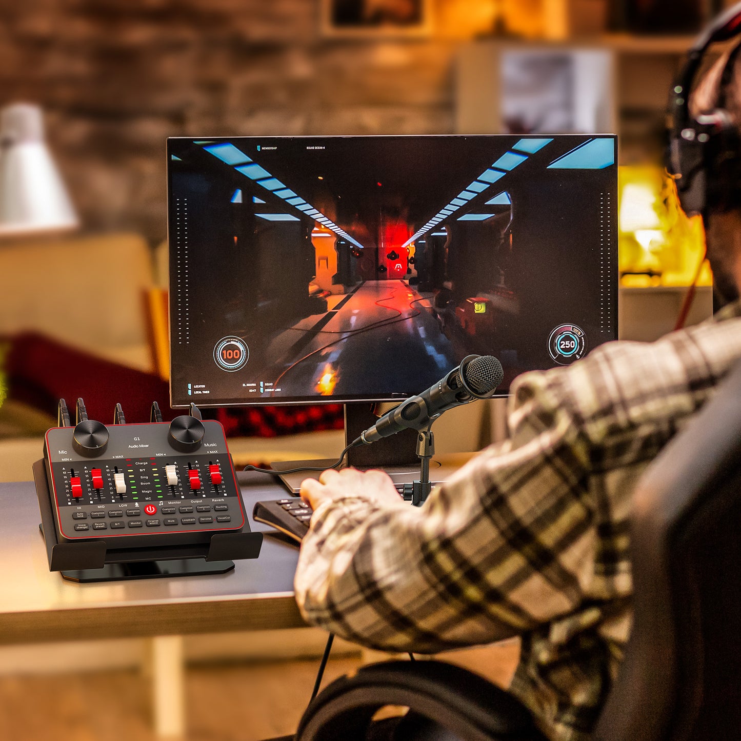 TENLAMP G1-E300 Dual Microphone Bundle: Complete 2-Person Podcast Equipment with Live Sound Card Audio Mixer, 2x 3.5mm Mics, Voice Changer & Denoise for PC/Phone Streaming, Gaming & Singing