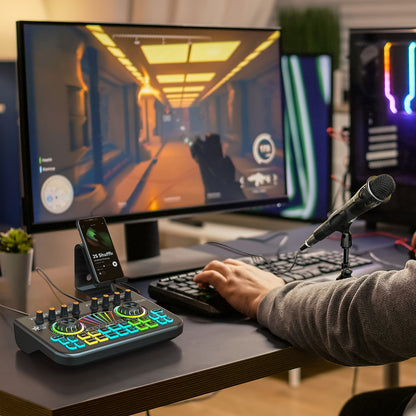 TENLAMP X3-E300 Dual Microphone Bundle: Complete 2-Person Podcast Equipment with Live Sound Card Audio Mixer, 2x 3.5mm Mics, Voice Changer & Denoise for PC/Phone Streaming, Gaming & Singing