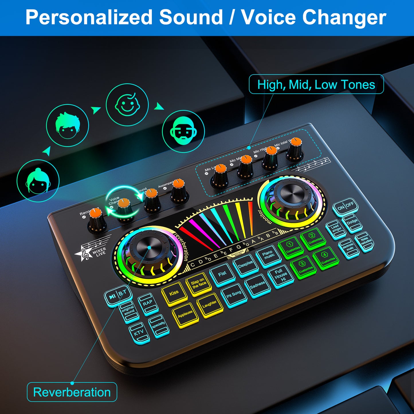TENLAMP X3 Audio Mixer & Live Sound Card for Streaming | Pro Audio Interface with Voice Changer, Denoise, Supports 3.5mm/6.35mm Dynamic Mics on PC/Phone (Mic Not Included)
