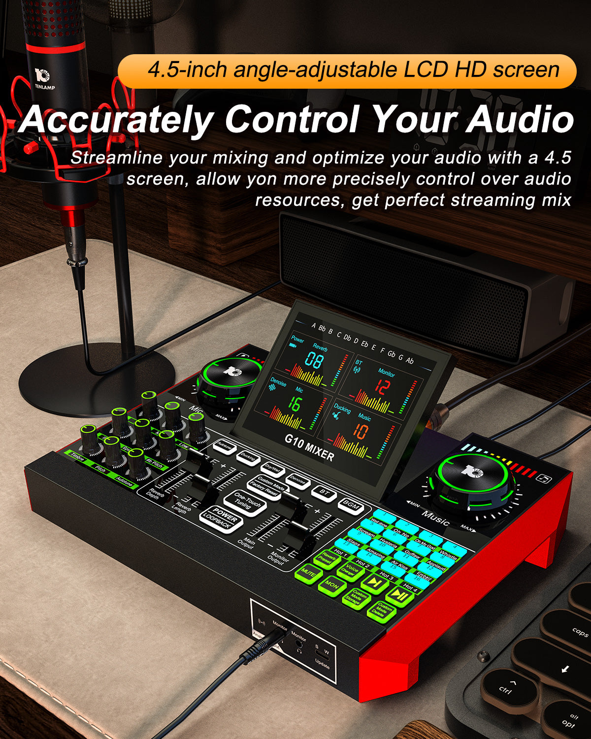 G10 Audio Interface, Podcast Equipment, Live Sound Card for Streaming, 48V Phantom Power, Sound Board, Voice Changer, Audio Mixer with Sound Card for PC Recording Gaming Singing