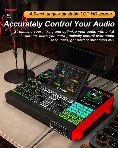 G10 Audio Interface, Podcast Equipment, Live Sound Card for Streaming, 48V Phantom Power, Sound Board, Voice Changer, Audio Mixer with Sound Card for PC Recording Gaming Singing