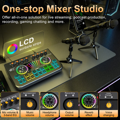 TENLAMP X3-E300 Dual Microphone Bundle: Complete 2-Person Podcast Equipment with Live Sound Card Audio Mixer, 2x 3.5mm Mics, Voice Changer & Denoise for PC/Phone Streaming, Gaming & Singing