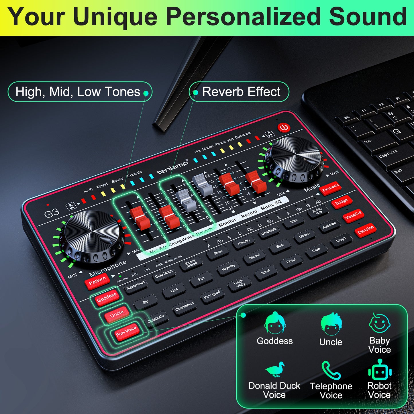 Tenlamp G3-Q8 Audio Interface & Mixer Console for Live Streaming - Sound Card with Voice Effects, Studio Processing for PC, Gaming, Podcast & Music Recording