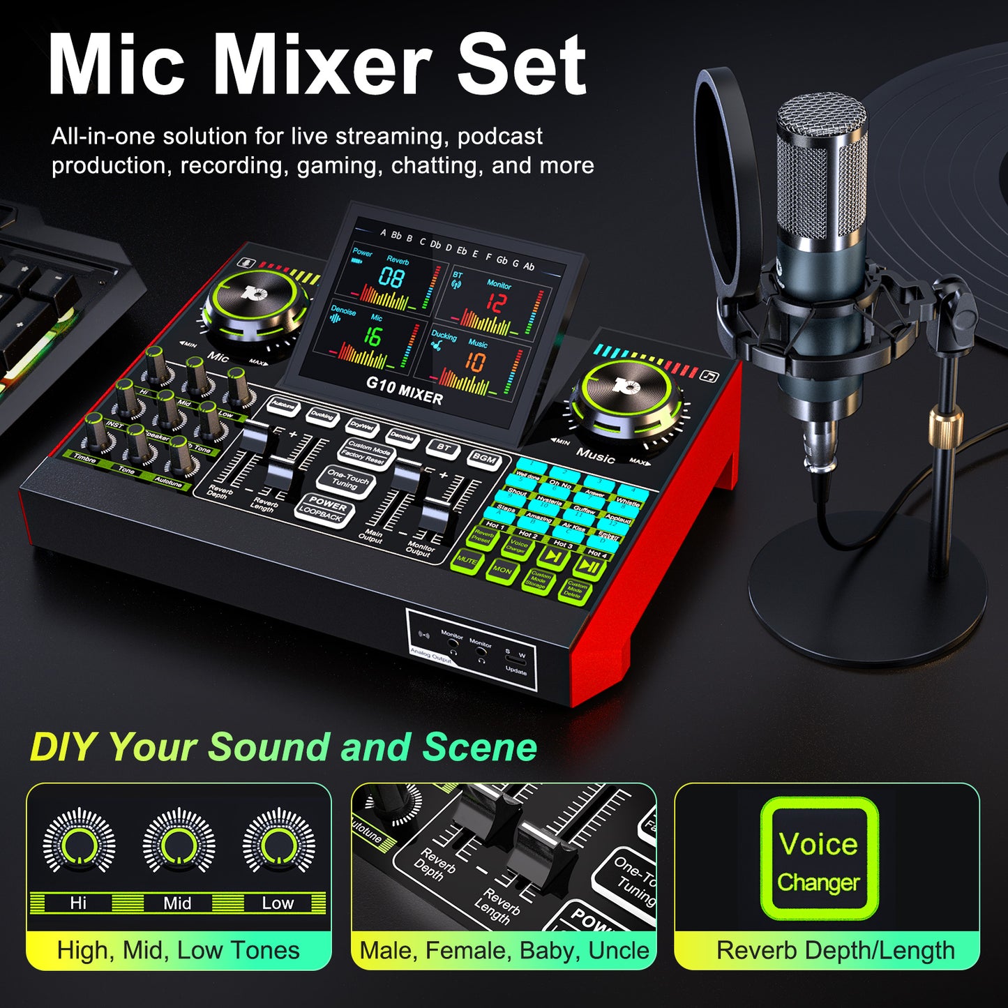 TENLAMP G10-P15 All-in-One Podcast Equipment: Live Sound Card Audio Mixer with 3.5mm Condenser Microphone, Voice Changer Sound Board for PC/Phone Streaming, Singing & Gaming.
