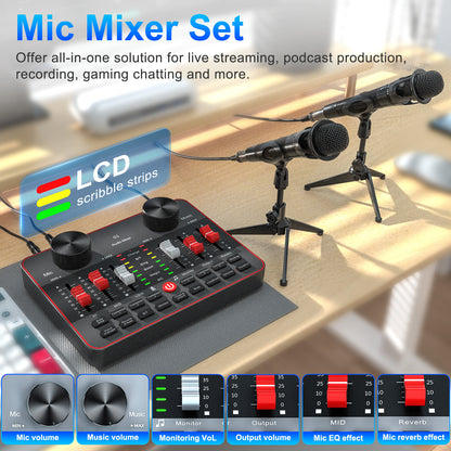TENLAMP G1-E300 Dual Microphone Bundle: Complete 2-Person Podcast Equipment with Live Sound Card Audio Mixer, 2x 3.5mm Mics, Voice Changer & Denoise for PC/Phone Streaming, Gaming & Singing