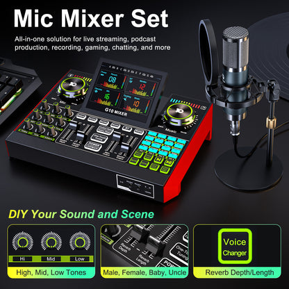 Tenlamp G9-P15 Streaming Podcast Bundle: BM800 Mic & Live Sound Card Audio Mixer with Voice Changer, Denoise for PC/Phone Gaming, Singing, Recording