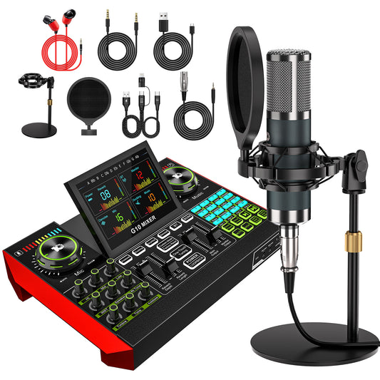 Tenlamp G9-P15 Streaming Podcast Bundle: BM800 Mic & Live Sound Card Audio Mixer with Voice Changer, Denoise for PC/Phone Gaming, Singing, Recording
