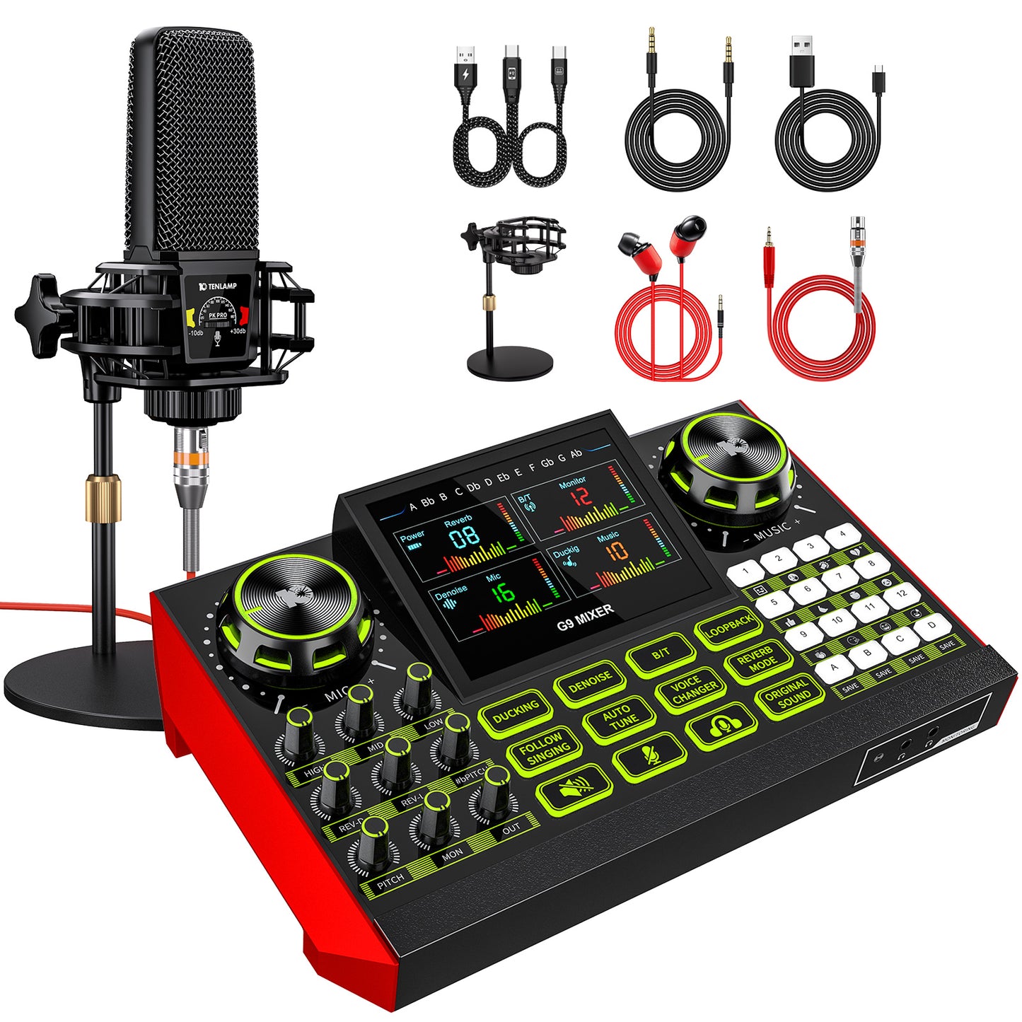 Launch Your Stream: Tenlamp G9-pkpro All-in-One Podcast Bundle | Studio Mic, Live Sound Card, Voice Effects for PC/Phone