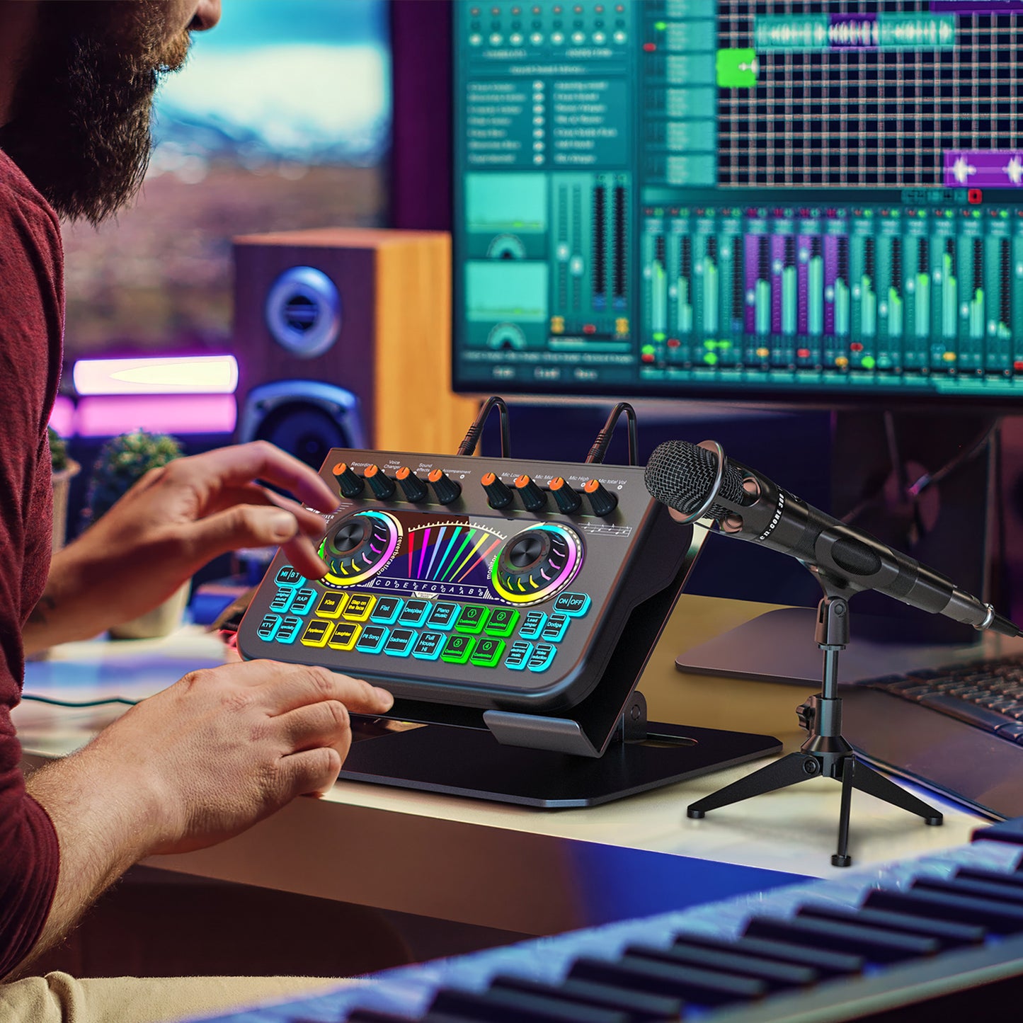 TENLAMP X3-E300 Dual Microphone Bundle: Complete 2-Person Podcast Equipment with Live Sound Card Audio Mixer, 2x 3.5mm Mics, Voice Changer & Denoise for PC/Phone Streaming, Gaming & Singing