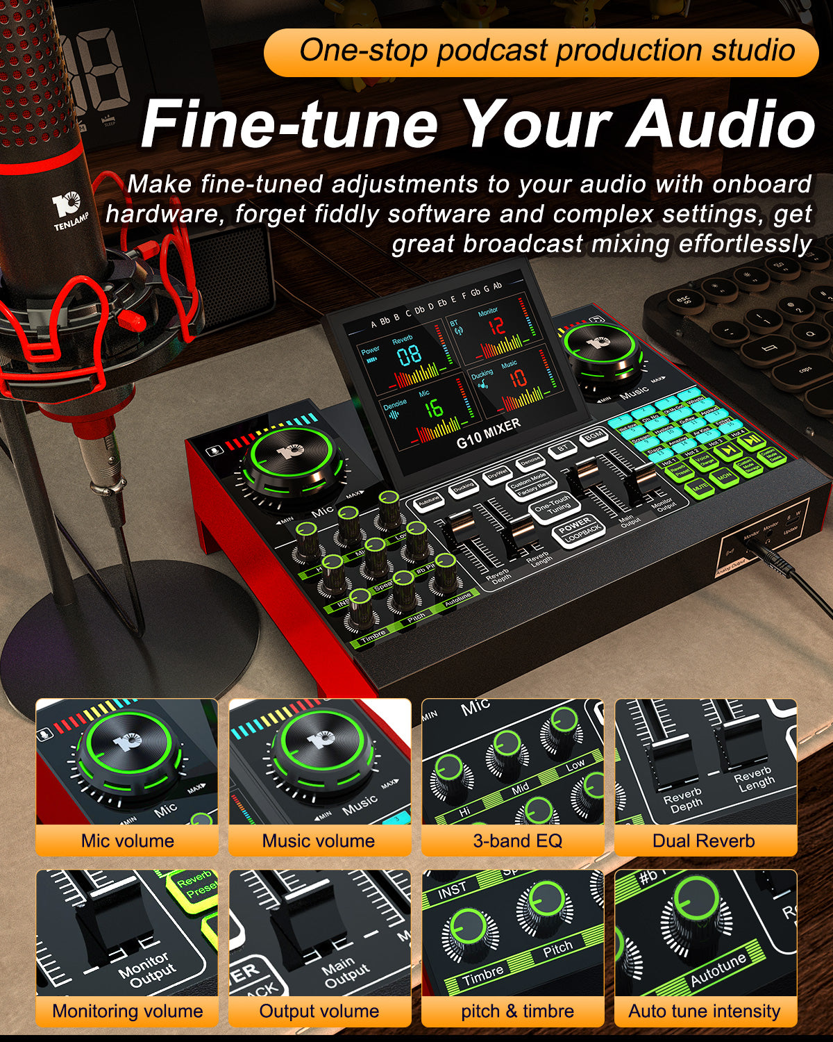 G10 Audio Interface, Podcast Equipment, Live Sound Card for Streaming, 48V Phantom Power, Sound Board, Voice Changer, Audio Mixer with Sound Card for PC Recording Gaming Singing