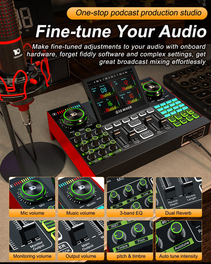 G10 Audio Interface, Podcast Equipment, Live Sound Card for Streaming, 48V Phantom Power, Sound Board, Voice Changer, Audio Mixer with Sound Card for PC Recording Gaming Singing