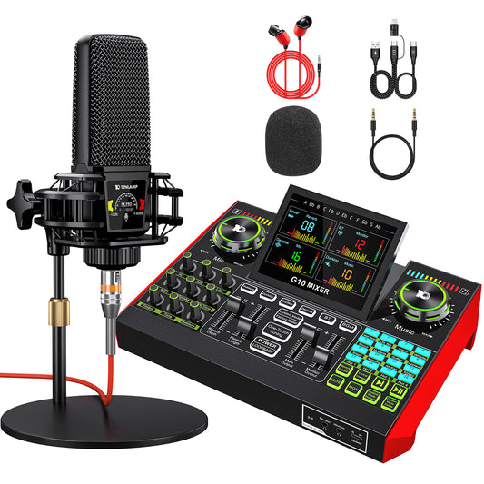 TENLAMP G10-pkpro Podcast & Recording Bundle: Professional Broadcast Kit with Studio Condenser Microphone, Live Sound Card Mixer, Denoise & Voice Changer for PC, Gaming, Streaming