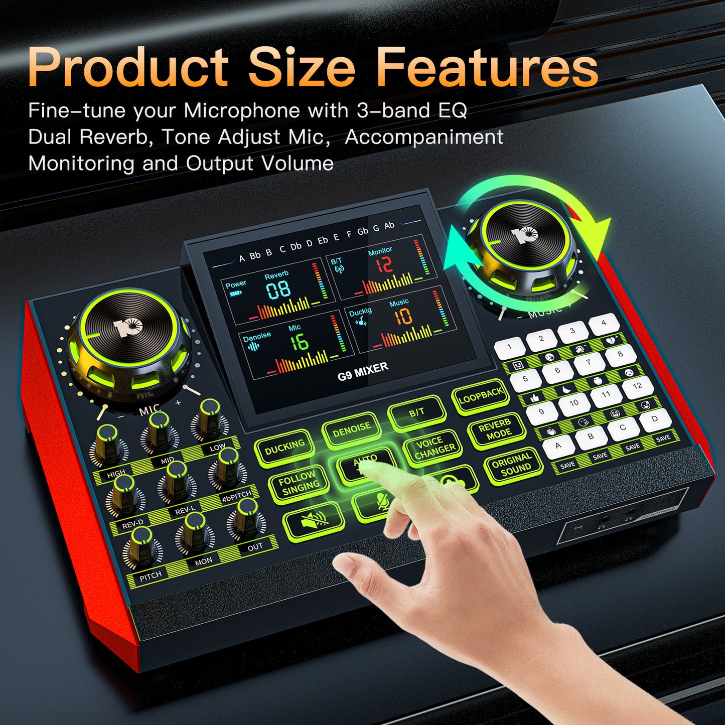 Tenlamp G9 Live Sound Card Audio Mixer - Professional Studio Console for 3.5mm/6.35mm Mics, Voice Changer, Noise Reduction for PC/Phone Streaming (No Mic Included)