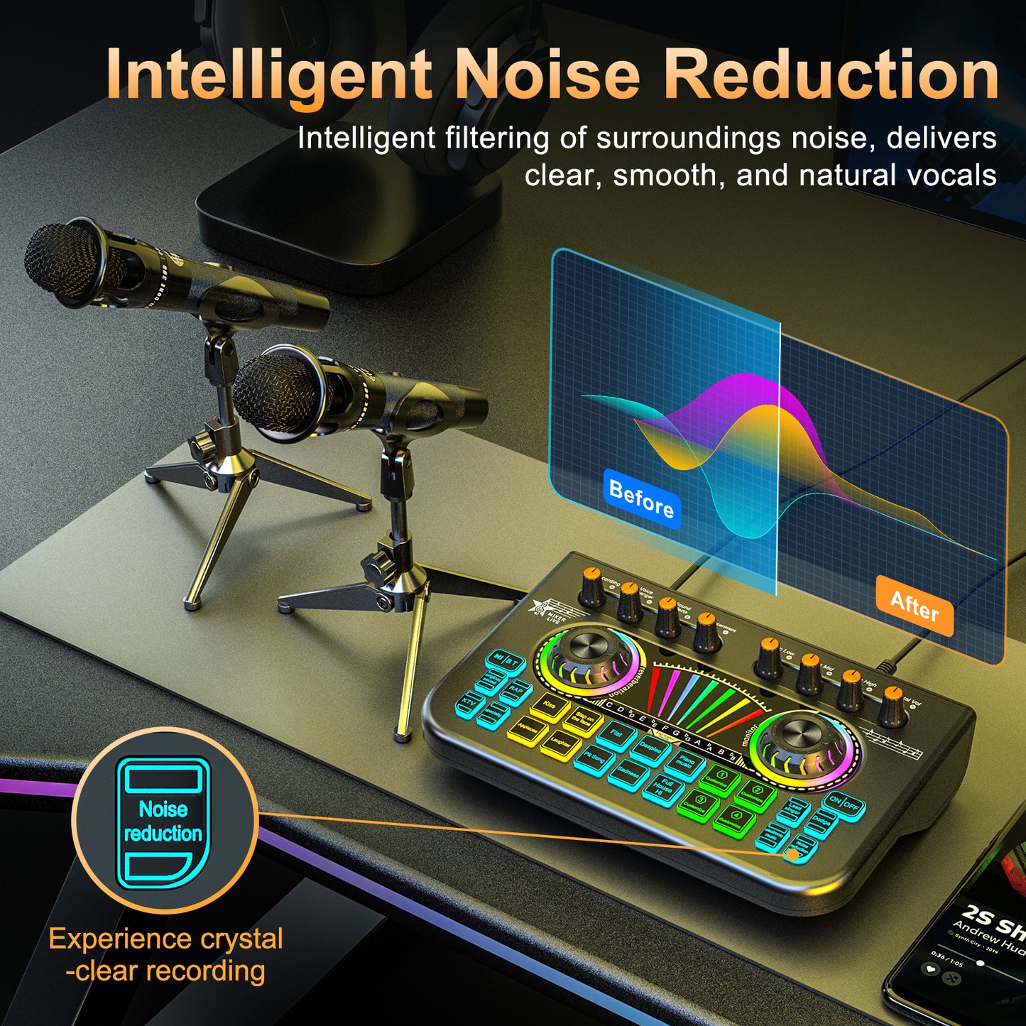 TENLAMP X3-E300 Dual Microphone Bundle: Complete 2-Person Podcast Equipment with Live Sound Card Audio Mixer, 2x 3.5mm Mics, Voice Changer & Denoise for PC/Phone Streaming, Gaming & Singing