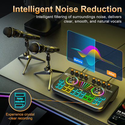 TENLAMP X3-E300 Dual Microphone Bundle: Complete 2-Person Podcast Equipment with Live Sound Card Audio Mixer, 2x 3.5mm Mics, Voice Changer & Denoise for PC/Phone Streaming, Gaming & Singing