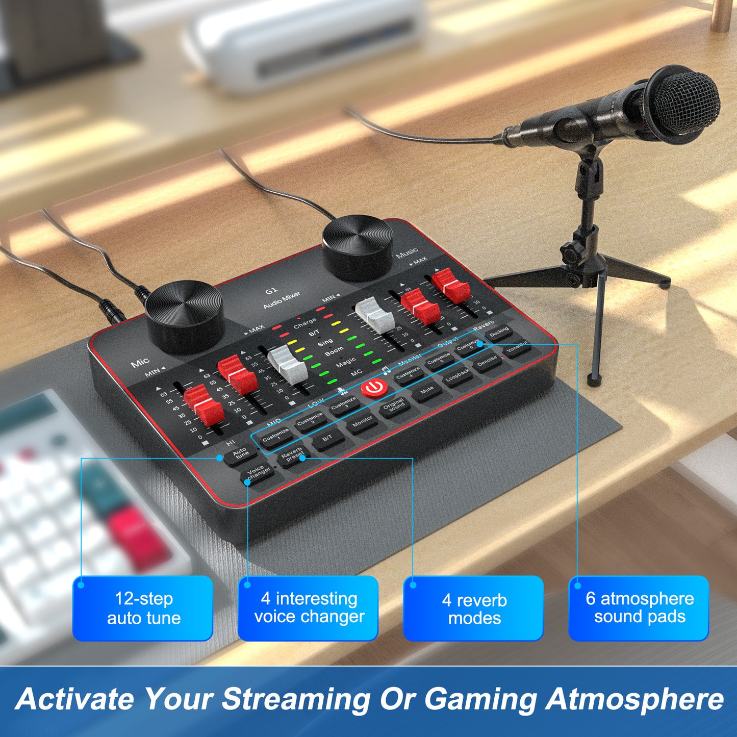 TENLAMP G1-E300 Dual Microphone Bundle: Complete 2-Person Podcast Equipment with Live Sound Card Audio Mixer, 2x 3.5mm Mics, Voice Changer & Denoise for PC/Phone Streaming, Gaming & Singing