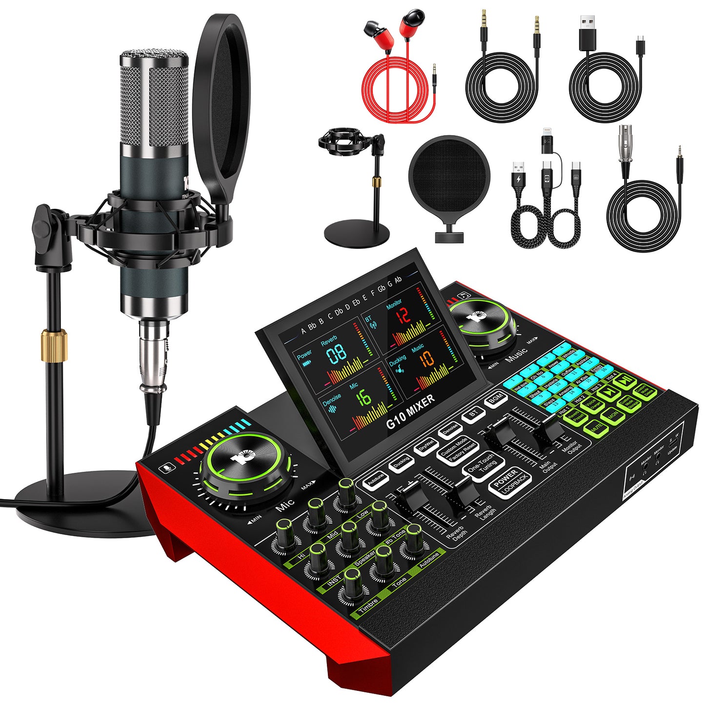 TENLAMP G10-P15 All-in-One Podcast Equipment: Live Sound Card Audio Mixer with 3.5mm Condenser Microphone, Voice Changer Sound Board for PC/Phone Streaming, Singing & Gaming.