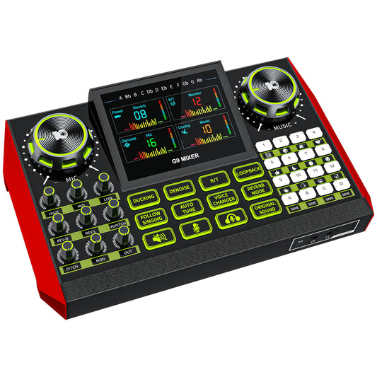 Tenlamp G9 Live Sound Card Audio Mixer - Professional Studio Console for 3.5mm/6.35mm Mics, Voice Changer, Noise Reduction for PC/Phone Streaming (No Mic Included)