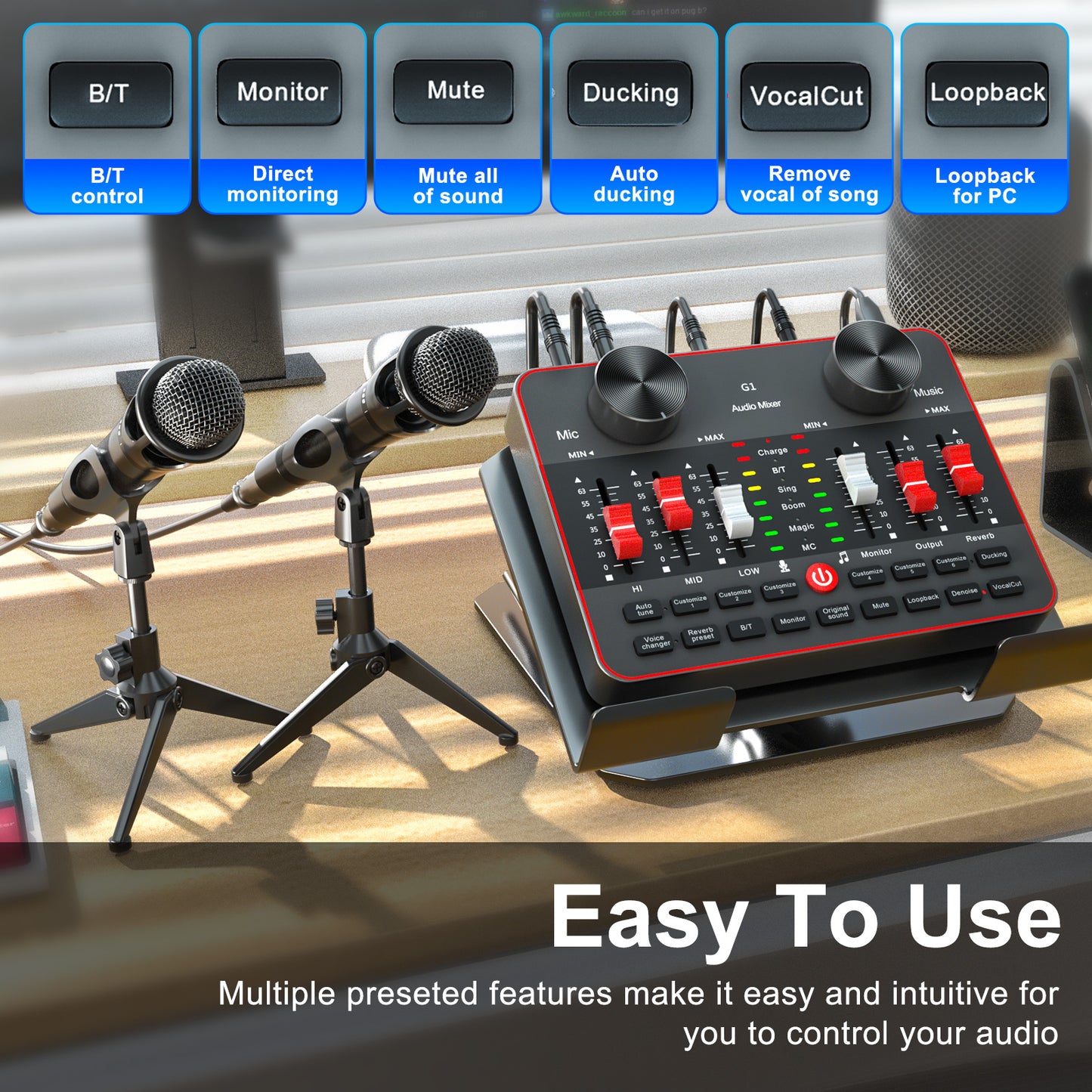 TENLAMP G1-E300 Dual Microphone Bundle: Complete 2-Person Podcast Equipment with Live Sound Card Audio Mixer, 2x 3.5mm Mics, Voice Changer & Denoise for PC/Phone Streaming, Gaming & Singing