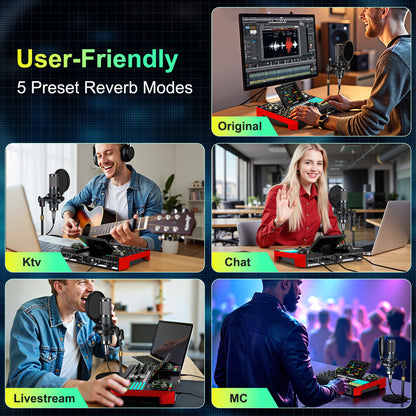 Tenlamp G9-P15 Streaming Podcast Bundle: BM800 Mic & Live Sound Card Audio Mixer with Voice Changer, Denoise for PC/Phone Gaming, Singing, Recording