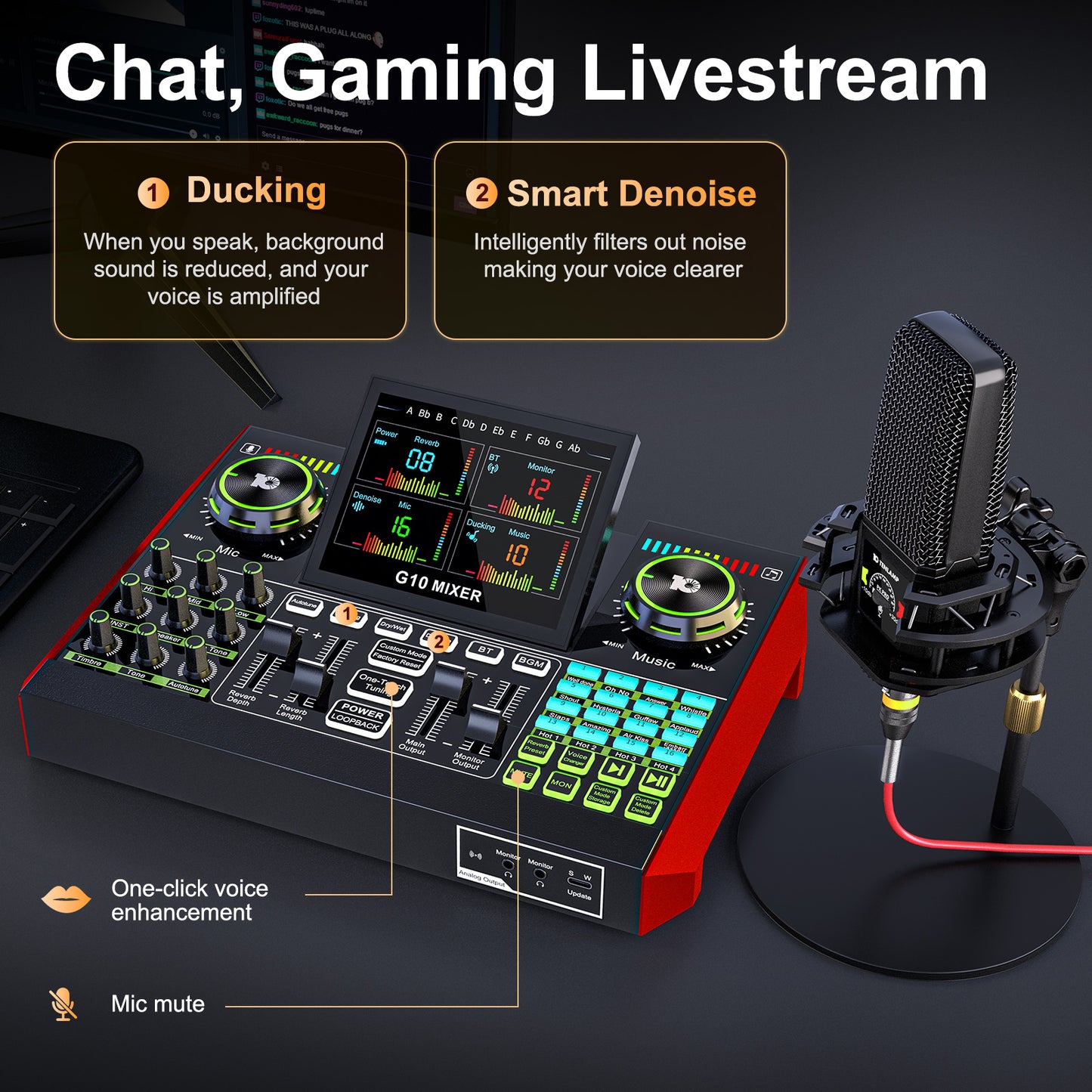 TENLAMP G10-pkpro Podcast & Recording Bundle: Professional Broadcast Kit with Studio Condenser Microphone, Live Sound Card Mixer, Denoise & Voice Changer for PC, Gaming, Streaming