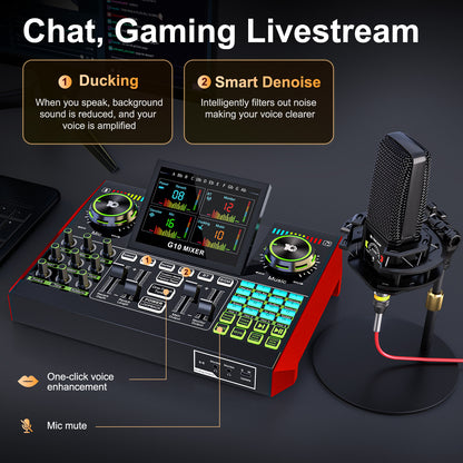 TENLAMP G10-pkpro Podcast & Recording Bundle: Professional Broadcast Kit with Studio Condenser Microphone, Live Sound Card Mixer, Denoise & Voice Changer for PC, Gaming, Streaming