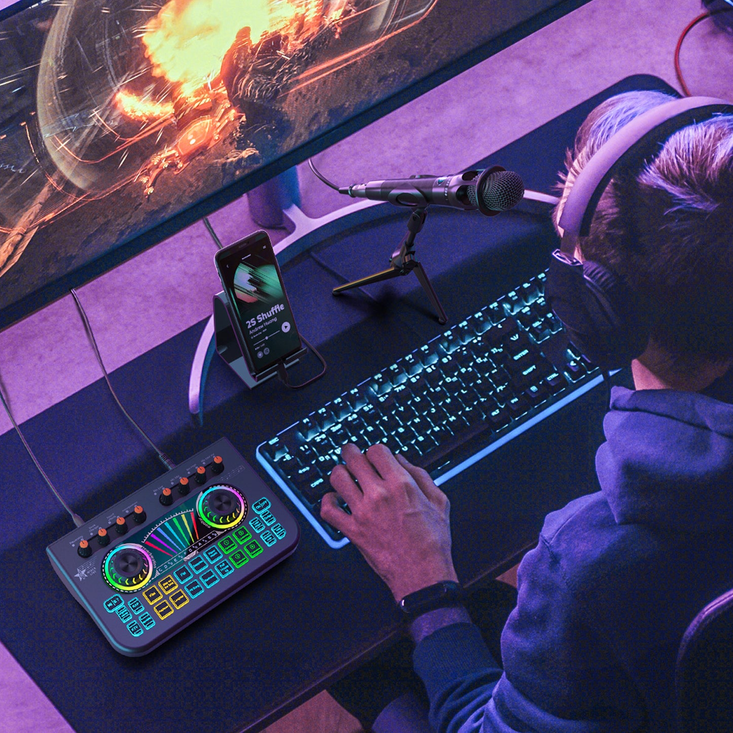 TENLAMP X3-E300 Dual Microphone Bundle: Complete 2-Person Podcast Equipment with Live Sound Card Audio Mixer, 2x 3.5mm Mics, Voice Changer & Denoise for PC/Phone Streaming, Gaming & Singing