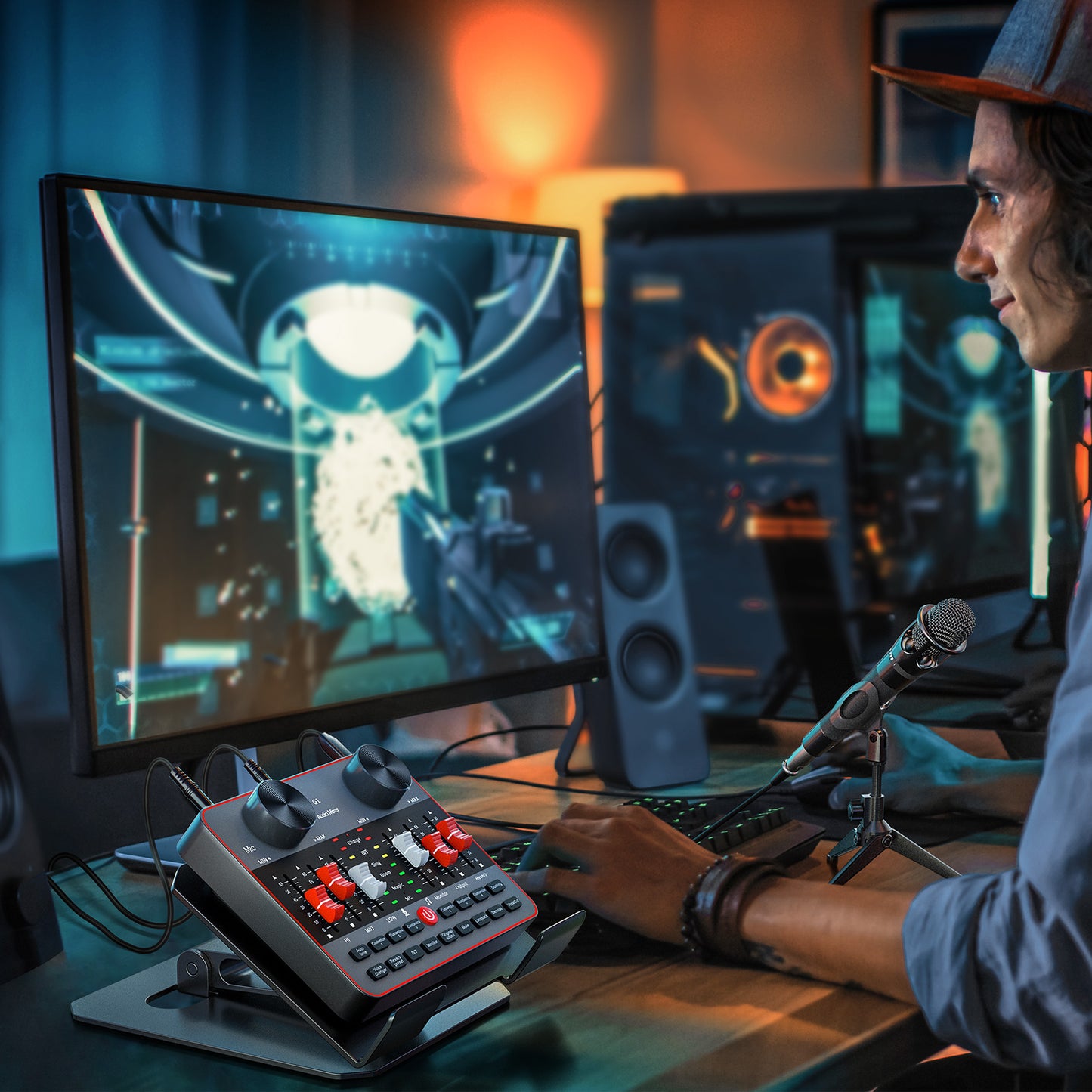 TENLAMP G1-E300 Dual Microphone Bundle: Complete 2-Person Podcast Equipment with Live Sound Card Audio Mixer, 2x 3.5mm Mics, Voice Changer & Denoise for PC/Phone Streaming, Gaming & Singing