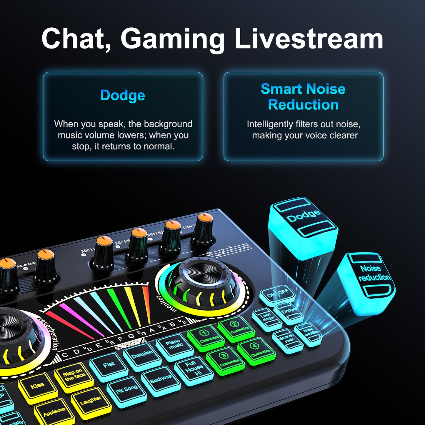 TENLAMP X3 Audio Mixer & Live Sound Card for Streaming | Pro Audio Interface with Voice Changer, Denoise, Supports 3.5mm/6.35mm Dynamic Mics on PC/Phone (Mic Not Included)