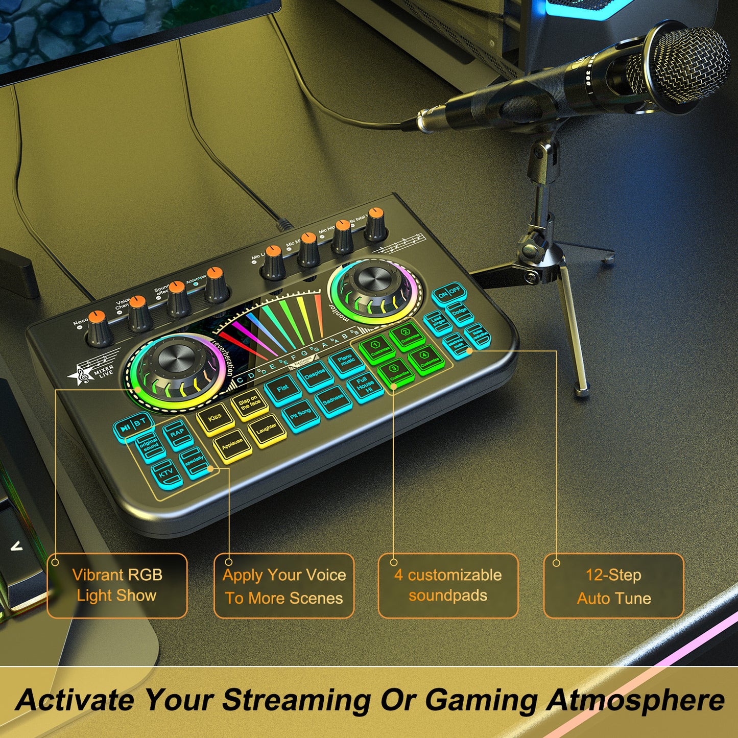 TENLAMP X3-E300 Dual Microphone Bundle: Complete 2-Person Podcast Equipment with Live Sound Card Audio Mixer, 2x 3.5mm Mics, Voice Changer & Denoise for PC/Phone Streaming, Gaming & Singing