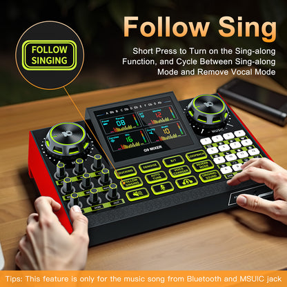 Tenlamp G9 Live Sound Card Audio Mixer - Professional Studio Console for 3.5mm/6.35mm Mics, Voice Changer, Noise Reduction for PC/Phone Streaming (No Mic Included)