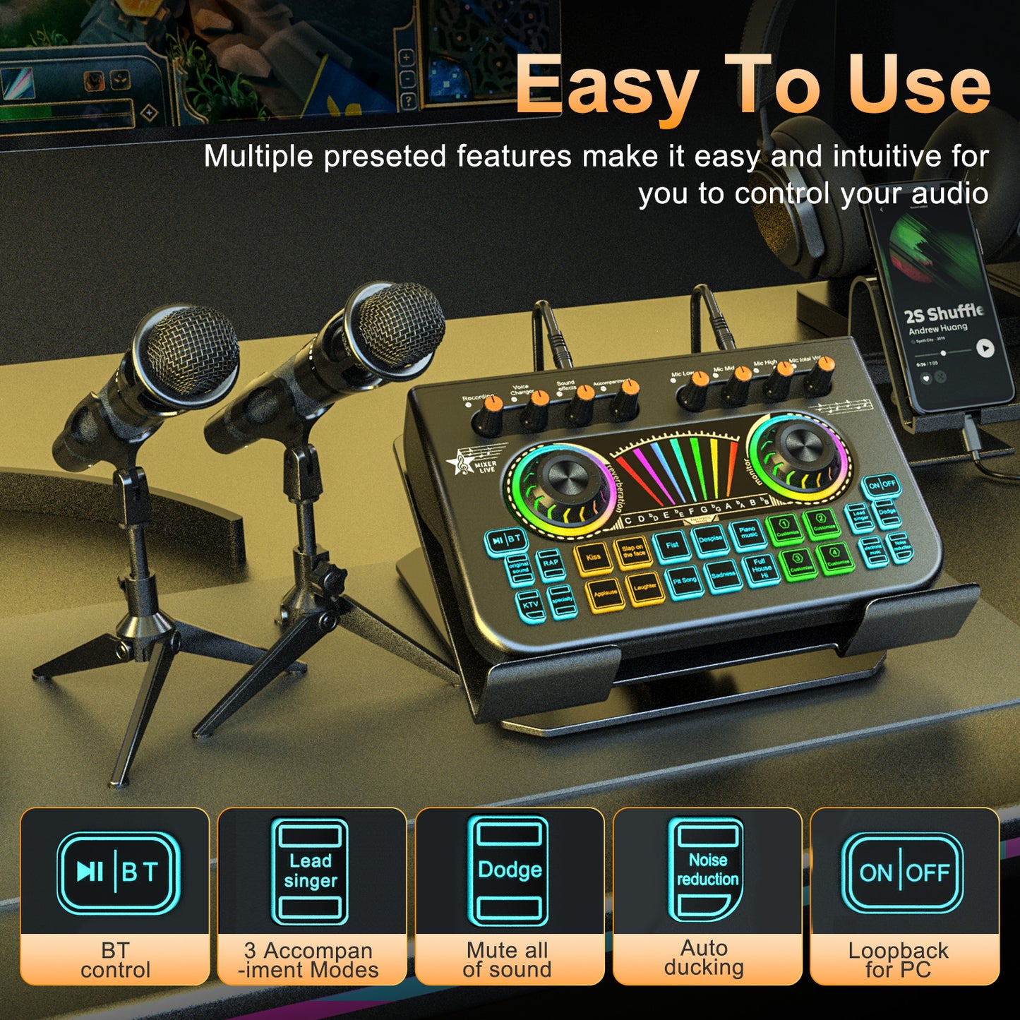 TENLAMP X3-E300 Dual Microphone Bundle: Complete 2-Person Podcast Equipment with Live Sound Card Audio Mixer, 2x 3.5mm Mics, Voice Changer & Denoise for PC/Phone Streaming, Gaming & Singing