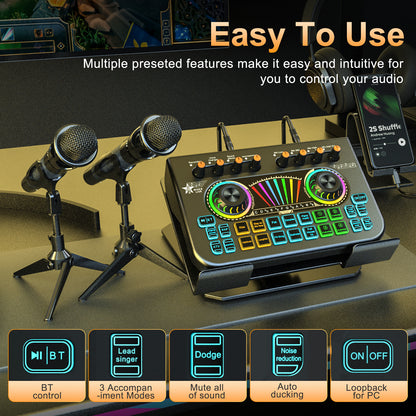 TENLAMP X3-E300 Dual Microphone Bundle: Complete 2-Person Podcast Equipment with Live Sound Card Audio Mixer, 2x 3.5mm Mics, Voice Changer & Denoise for PC/Phone Streaming, Gaming & Singing