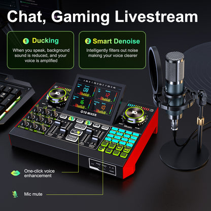 TENLAMP G10-P15 All-in-One Podcast Equipment: Live Sound Card Audio Mixer with 3.5mm Condenser Microphone, Voice Changer Sound Board for PC/Phone Streaming, Singing & Gaming.