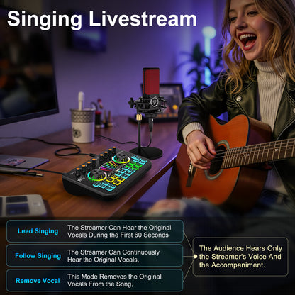 TENLAMP X3 Audio Mixer & Live Sound Card for Streaming | Pro Audio Interface with Voice Changer, Denoise, Supports 3.5mm/6.35mm Dynamic Mics on PC/Phone (Mic Not Included)