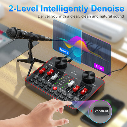 TENLAMP G1-E300 Dual Microphone Bundle: Complete 2-Person Podcast Equipment with Live Sound Card Audio Mixer, 2x 3.5mm Mics, Voice Changer & Denoise for PC/Phone Streaming, Gaming & Singing
