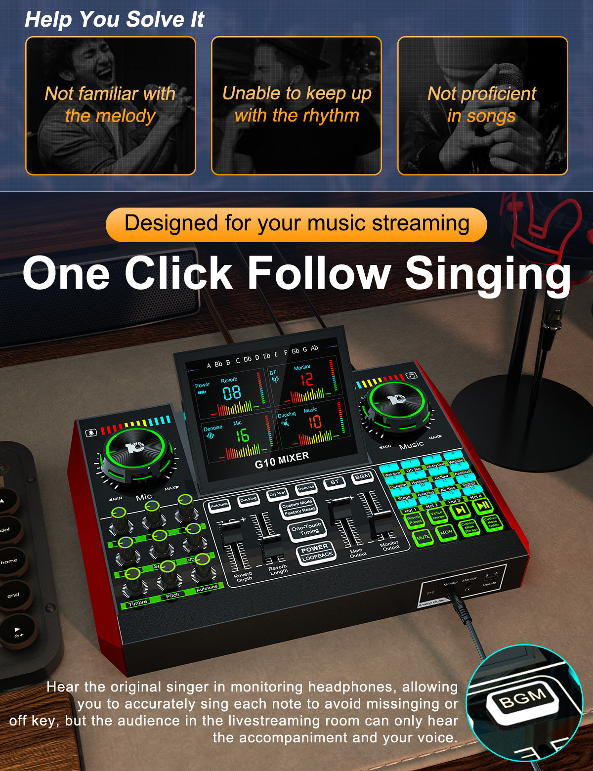 G10 Audio Interface, Podcast Equipment, Live Sound Card for Streaming, 48V Phantom Power, Sound Board, Voice Changer, Audio Mixer with Sound Card for PC Recording Gaming Singing