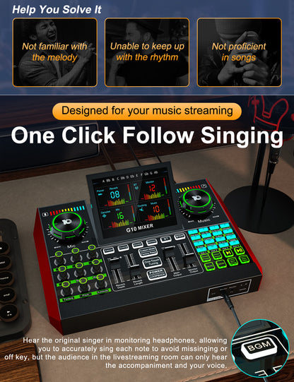 G10 Audio Interface, Podcast Equipment, Live Sound Card for Streaming, 48V Phantom Power, Sound Board, Voice Changer, Audio Mixer with Sound Card for PC Recording Gaming Singing