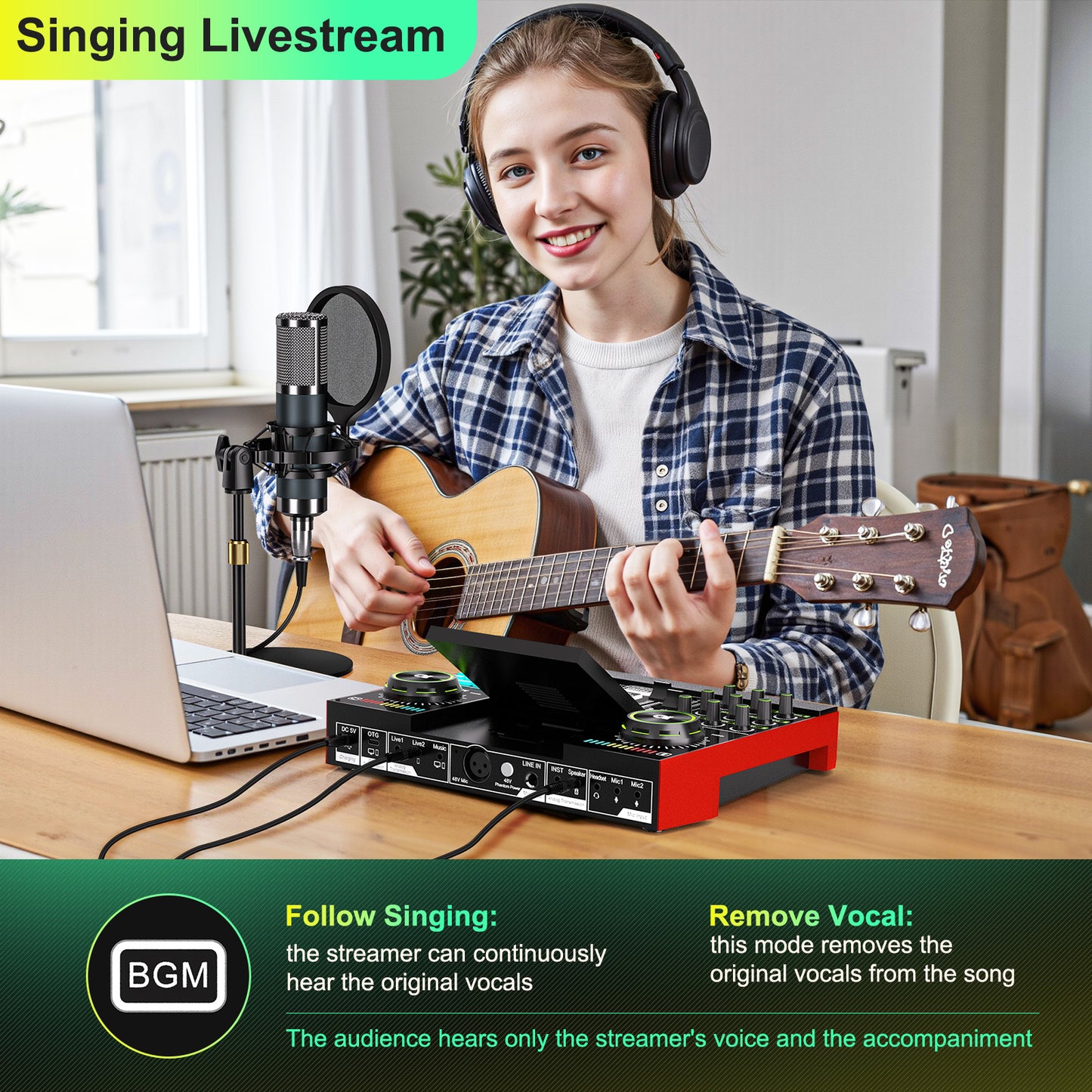 TENLAMP G10-P15 All-in-One Podcast Equipment: Live Sound Card Audio Mixer with 3.5mm Condenser Microphone, Voice Changer Sound Board for PC/Phone Streaming, Singing & Gaming.