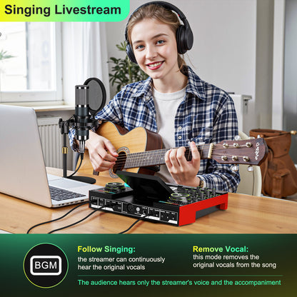 TENLAMP G10-P15 All-in-One Podcast Equipment: Live Sound Card Audio Mixer with 3.5mm Condenser Microphone, Voice Changer Sound Board for PC/Phone Streaming, Singing & Gaming.