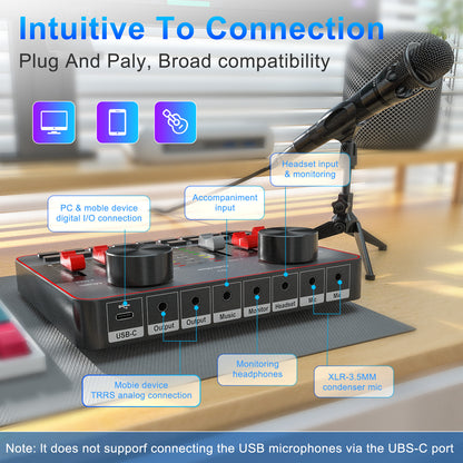 TENLAMP G1-E300 Dual Microphone Bundle: Complete 2-Person Podcast Equipment with Live Sound Card Audio Mixer, 2x 3.5mm Mics, Voice Changer & Denoise for PC/Phone Streaming, Gaming & Singing