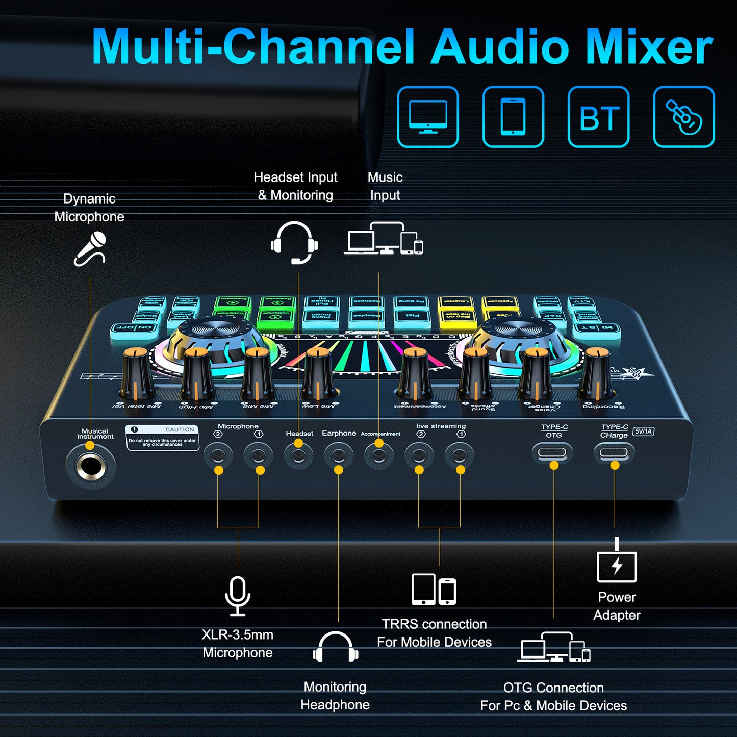 TENLAMP X3 Audio Mixer & Live Sound Card for Streaming | Pro Audio Interface with Voice Changer, Denoise, Supports 3.5mm/6.35mm Dynamic Mics on PC/Phone (Mic Not Included)