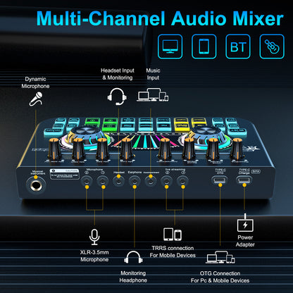 TENLAMP X3 Audio Mixer & Live Sound Card for Streaming | Pro Audio Interface with Voice Changer, Denoise, Supports 3.5mm/6.35mm Dynamic Mics on PC/Phone (Mic Not Included)