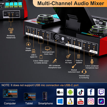 Podcast Microphone Bundle with Live Sound Card Audio Mixer, Podcast Equipment Bundle with 3.5mm Condenser Microphone for Pc/Phone Live Streaming Singing Gaming, Sound Board with Voice Changer, Denoise