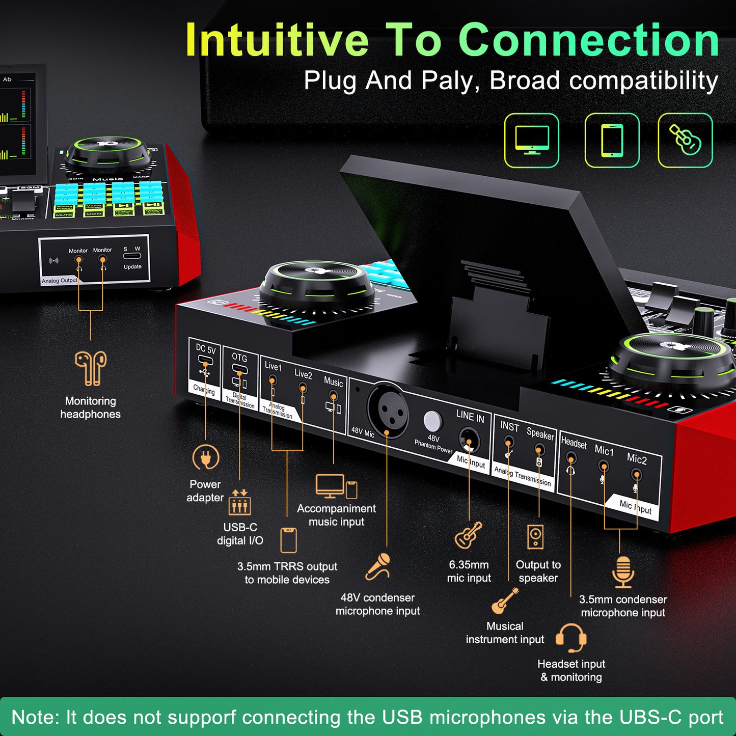 TENLAMP G10-P15 All-in-One Podcast Equipment: Live Sound Card Audio Mixer with 3.5mm Condenser Microphone, Voice Changer Sound Board for PC/Phone Streaming, Singing & Gaming.