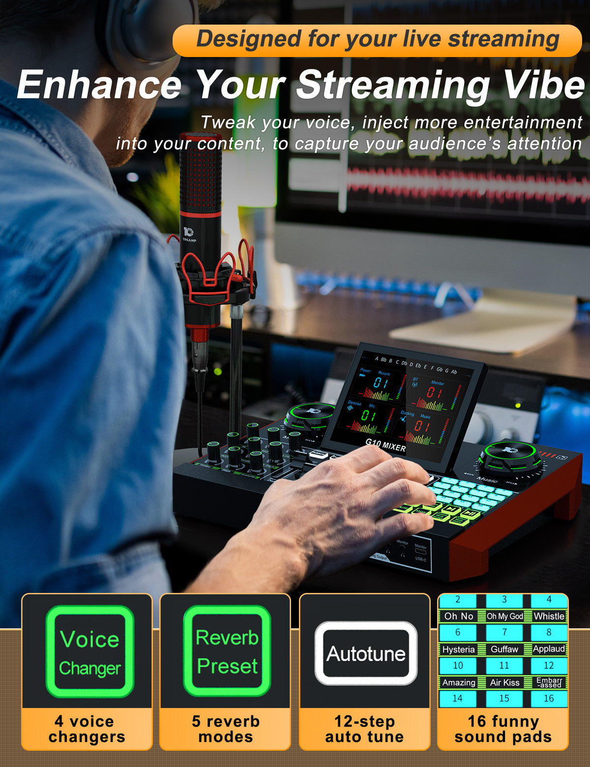 G10 Audio Interface, Podcast Equipment, Live Sound Card for Streaming, 48V Phantom Power, Sound Board, Voice Changer, Audio Mixer with Sound Card for PC Recording Gaming Singing