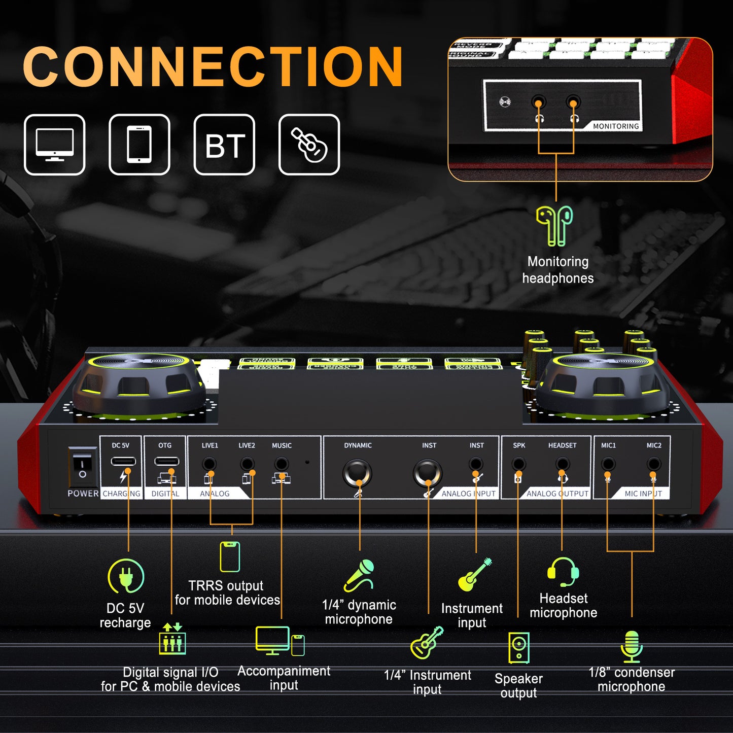 Tenlamp G9 Live Sound Card Audio Mixer - Professional Studio Console for 3.5mm/6.35mm Mics, Voice Changer, Noise Reduction for PC/Phone Streaming (No Mic Included)