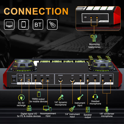 Tenlamp G9 Live Sound Card Audio Mixer - Professional Studio Console for 3.5mm/6.35mm Mics, Voice Changer, Noise Reduction for PC/Phone Streaming (No Mic Included)
