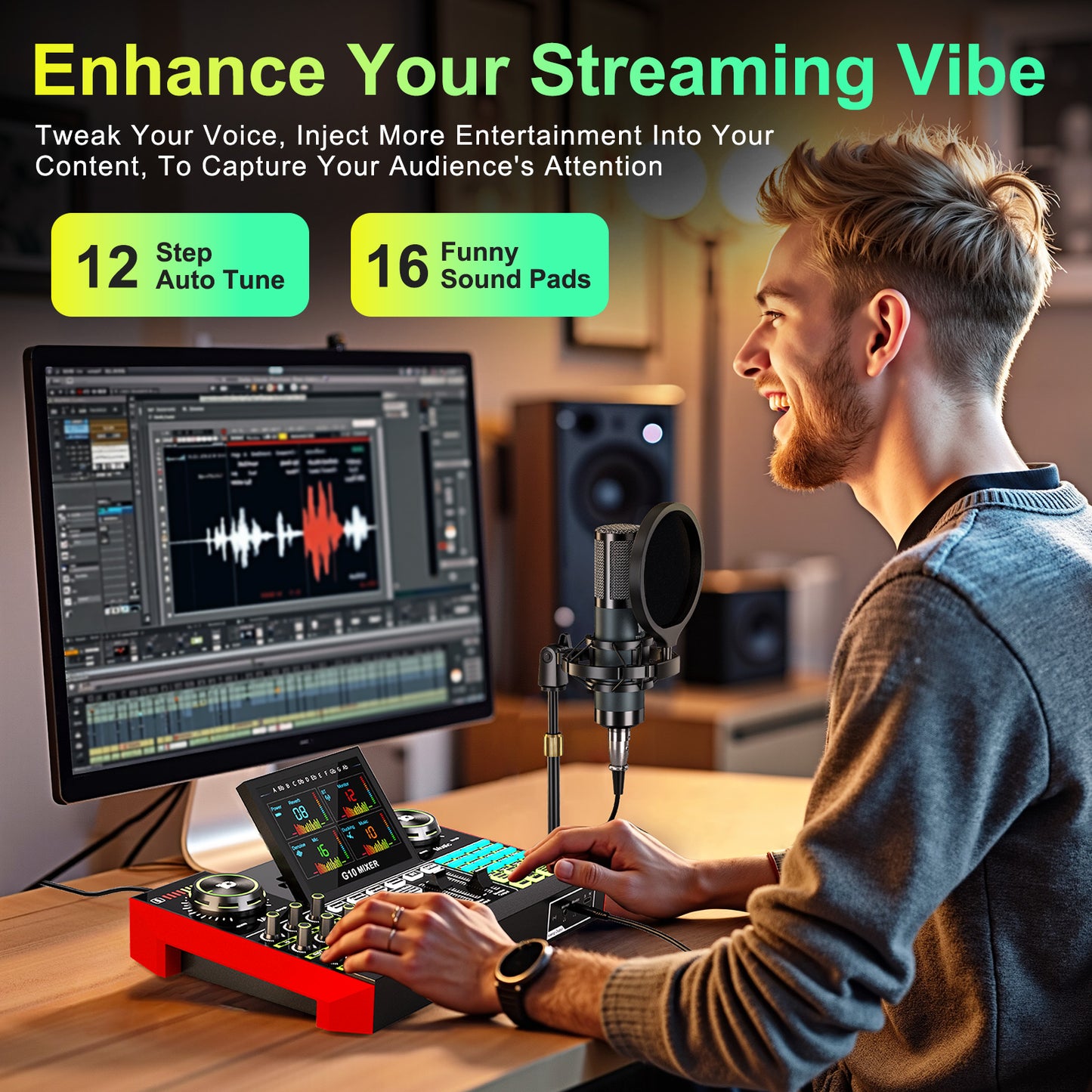 TENLAMP G10-P15 All-in-One Podcast Equipment: Live Sound Card Audio Mixer with 3.5mm Condenser Microphone, Voice Changer Sound Board for PC/Phone Streaming, Singing & Gaming.